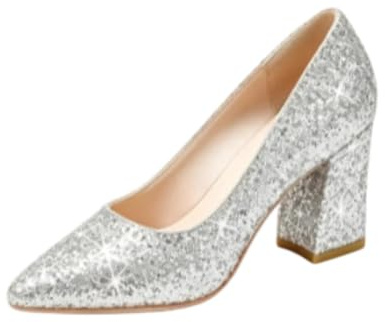 Genérico Zapatos Tacón Ancho Brillantina Mujer Punta Fina Fiesta Matrimonio | Zapatos De Tacón Ancho Con Brillo Punta Fina Parte Superior Centelleante Suela Antideslizante Para Boda Novia