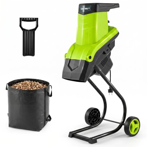 COSTWAY Broyeur de Végétaux et Branches Électrique 2500W (Vert) | Ratio de Broyage 21:1, Broyeur de Jardin avec Sac de Ramassage 50L et Poussoir, Coupe de 44mm sur Roues avec Lames Double