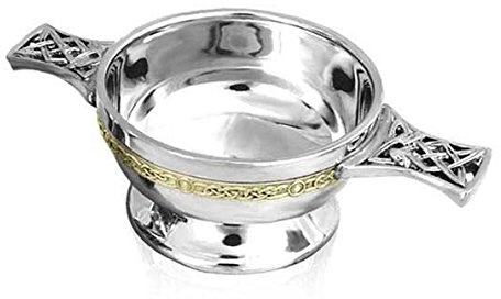 English Pewter Company 3. 5 Celtic Knot Pewter Quaich Whisky Tasting Bowl Loving Cup with Brass Band. Personalised with Free Engraving [PQ302]