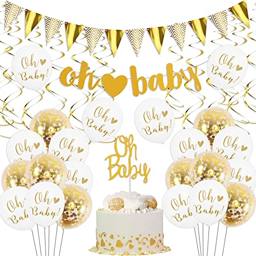 Kreatwow Baby Shower Decoraciones Oro y Blanco Género Neutro Suministros con la Letra “oh Baby” Banner Banner Toppers Globos de Confeti y Paquete de remolinos de Oro