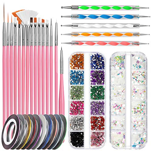 FANDAMEI Kit de Nail Art Pinceau, 15 Pcs Pinceaux Ongles Nail Art Brosses, 5 Pcs Dotting Pens Dotting Tool Nail Art, 10 Pcs Striping Tape Autocollant, 1 Boîte de Strass Colorés, 1 Boîte de Paillettes