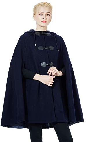 BEAUTELICATE Femme Cape à Capuche Courte Manteau Poncho Laine Chaude de Automne Hiver Costume de Noël Halloween Medievale Carnaval Cosplay(Taille Unique, Bleu Marine)
