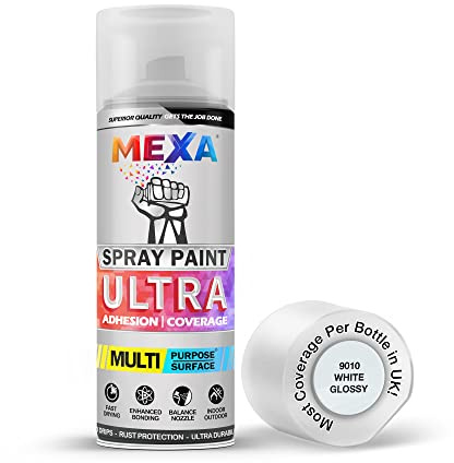 Mexa Spray Paint | White Glossy | Perfect for Radiator, Plastic, Fabric, Metal, Bike, Marking | 400ml | RAL 9010 | Most Coverage