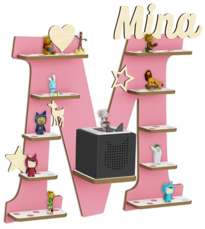 Holzura Tonie Regal für Toniebox, Toniebox Regal personalisiert mit Name und Holzsymbolen, Tonie Aufbewahrung (Buchstabe M)