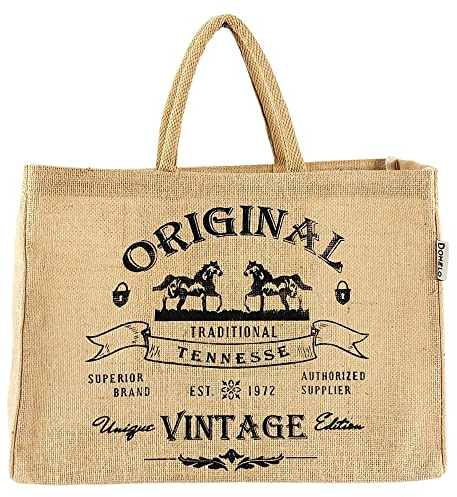 Domelo Einkaufstasche groß Jute Einkaufskörbe vegane Tragetasche in beige | Wasserabweisende Jutetasche 24L mit Baumwollgriffen, Reißverschlussfach Innen, stabilem Boden und viel Platz für Einkauf