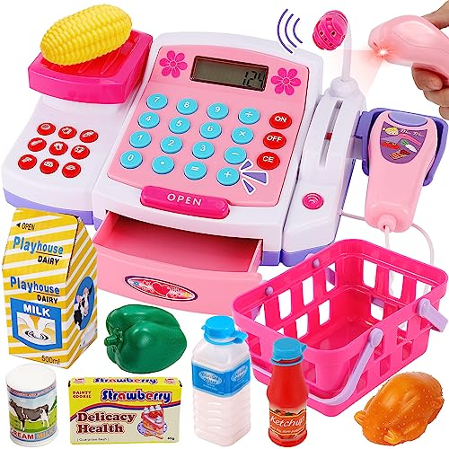 BUYGER Große Spielkasse Kinder mit Scanner und Sound, Waage Mikrofon, Spielzeug Kinder Kaufladen Kasse Zubehör, Rollenspiel Geschenk für Mädchen Jungen ab 3 + Jahre