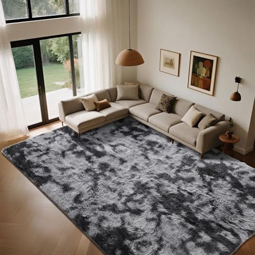 Cinknots Teppich Wohnzimmer Groß Hochflor,Teppich Schlafzimmer Waschbar rutschfest,Flauschiger Teppiche Innen Carpet Passend für Kinderzimmer Küche(Schwarz Grau,160x230cm)