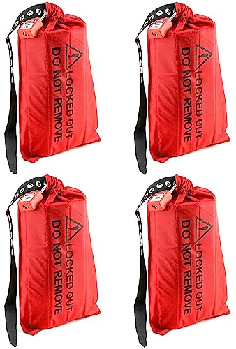 QWORK Lockout Tagout Plug Cover, 4 Pack 10 x 17 Inch Oversized Electrical Connector & Hoist Control Bag – Heavy Duty Cinch Sack for Industrial Safety, Construction & Machinery – Warning Pouch