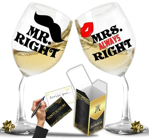Aurìca Calici Vino Personalizzati MR & MRS RIGHT – Calici Coordinati Per Brindare Insieme Con Ironia - Regalo Di Coppia Per San Valentino Con Bicchiere Piegato E Confezione Regalo Inclusa