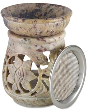 NKlaus 7,5 x 10cm Rauchgefäß aus Speckstein mit Sieb + Schale Blumen Blätter Sieb Ø 6cm Teelicht Weihrauch Stövchen 15721