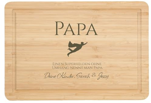 Personalisiertes Vatertagsgeschenk Schneidebrett aus Bambus mit Gravur und Saftrille Holzbrett mit Namen Geschenk für Papa zum Vatertag Geburtstagsgeschenk Papa - Motiv: Superheld Papa