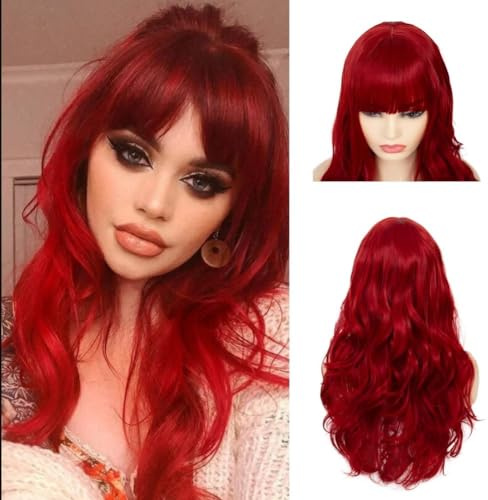Siudus Rote Lockige Lange Perücke mit Pony Damen Wellig Cosplay Synthetische Hitzebeständige Faser Haar Perücke für Party Kostüm Halloween Gebrauch