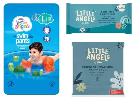 Little Angels Large Swim Pants 10 Pack Bundle with Nappy Bags & Fragrance Free Wipes