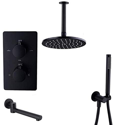 UHJKLA Duschsystem, deckenmontiertes Thermostat aus Messing, Schwarz mit 8–12 Zoll Badezimmer-Regendusche-Wasserhahn-Set und Handbrause- und Wannenarmaturen, Luxus, 10 Z