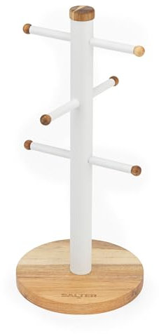 Salter BW13566WEU7 Toronto Mug Tree – Acacia Wood Cup Holder for Kitchen Countertop Tabletop, 6 Branch Display Stand for Coffee Mugs/Tea Cups, Freestanding Sturdy Steel Storage Rack, White