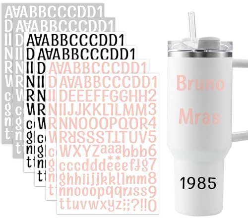 Hebterrka 6PCS Buchstaben Aufkleber für Stanley Tumbler, Kompatibel mit Hydroflask, Yeti Cup, Laptop, Wasserdicht (Schwarz & Weiß & Pink*2)