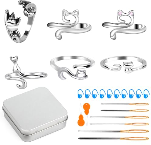 Deudy Häkelringe, Verstellbare Häkelringe Finger, Crochet Strickfingerhut Fadenführer Ring mit Stopfnadel, Metall Verstellbare Crochet Strickschlaufe für DIY Strickhandwerk