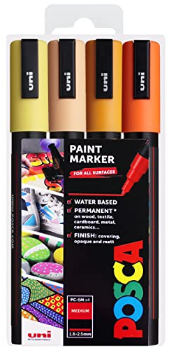 Posca Permanent-Marker auf Wasserbasis, für verschiedene Oberflächen, PC-5M, 1,8–2,5 mm mittel, Set mit 4 Stiften in Geschenktasche, Sonnenaufgangstöne