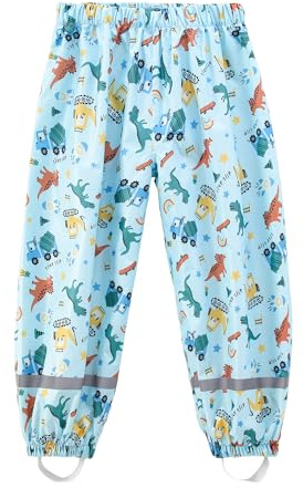 Dioshak Pantaloni da Pioggia Bambino Pantaloni Impermeabili Antivento Neonata Pantaloni Fango Riflettenti Non Imbottiti Traspirante Copripantaloni All'Aperto Estivi per Bimbo 1-2 Anni, Blu Dinosauro