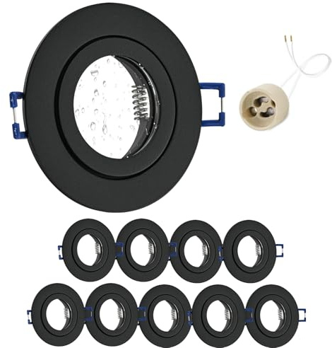 GeyouLux 10x Einbaustrahler GU10 Einbaurahmen IP44 Schwarz Lochmaß 65-75mm | Aluminium, Ø84mm Deckenspots, matt Schwarz, mit 230V GU10 Fassung, bis 50W, für Bad Küche, Rund Flach, ohne Leuchtmittel