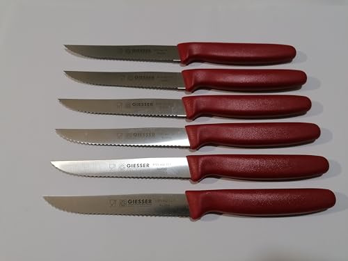 Giesser Messer - Made in Germany - Steakmesser Tomatenmesser Küchenmesser mit Wellenschliff 11cm - Rot, 6 St. mit Wellenschliff