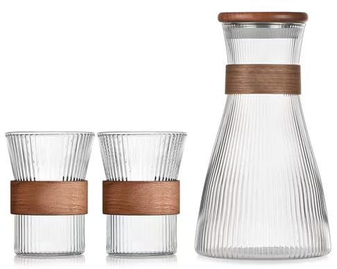 Jarra de cristal de cristal con tapa, jarra de agua con diseño moderno de rayas, con gran capacidad de 1500 ml, 2 vasos de 330 ml