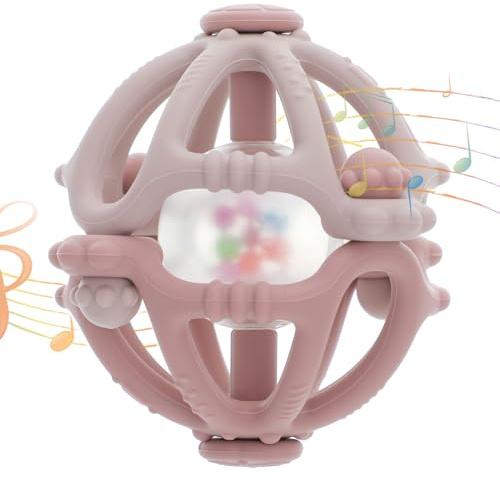 Greifball für Babys, Silikon Beißring Ball Flexibler Rasselball Babyspielzeug, 100% BPA-frei (Powder Rose/Dusty Lilac)