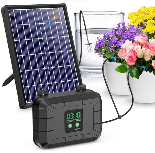 Biling Solar Drip Irrigation Kit 15M 8W 900ml/min Solar Plant Automatic Garden Watering System with Mode Digital Display, Multi-mode Watering Timer Holiday Irrigator Plant Garden, Greenhouse, Terrace