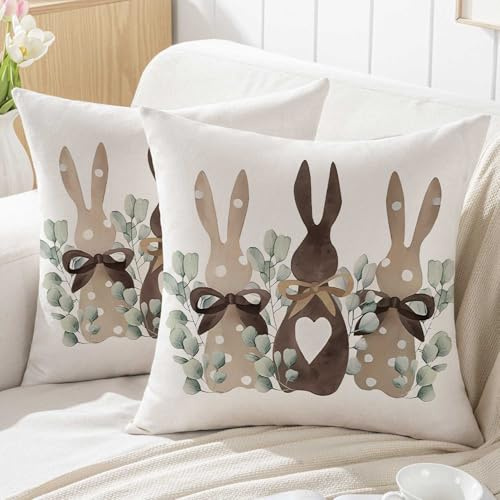 Jayusaror Ostern Kissenbezug 50x50 cm DREI Hasen Eukalyptus Frühling Kissenhüllen Outdoor Osterhase Sofakissen Bauernhaus Dekokissen Kissen Couchkissen Kissenbezüge Zierkissenbezug Couch Deko 2er Set