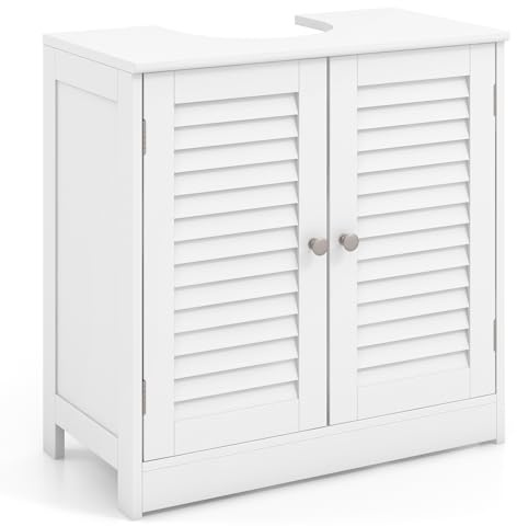 COSTWAY Mobile Sottolavabo Salvaspazio per Bagno con 2 Ante a Persiana | rmadietto a Terra con Ripiano e Taglio a U 24 x 20cm, Organizer Moderno per Prodotti da Toeletta e Asciugamani