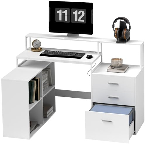 HOMCOM Scrivania Angolare con 2 Tavoli, 4 Ripiani Portaoggetti, 3 Cassetti e Supporto per Monitor, Scrivania ad Angolo con Porta USB per Computer per Ufficio e Studio, 138.5x90x92 cm, Bianco