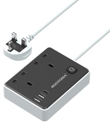 Black Extension Lead 1M with 3 USB Slots, 2 Gang Short Extension Lead | Small Power Strip with Switch for Travel Home Bedroom Kitchen Office, Surge Protected