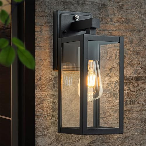 FTL Dusk Till Dawn Outdoor Wall Lights, E27 Wall Lantern Porch Light with Ambient Sensor, Matte Black Exterior Wall Light with Clear Glass, Outside Sensor Wall Light Fixture for Patio, IP44 Waterproof