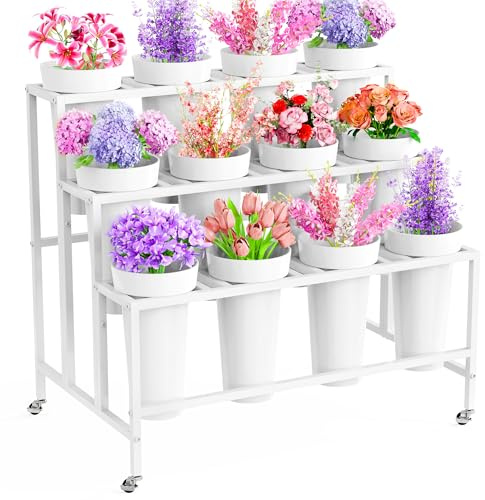 Asee'm Flower Display Stand with 12 Buckets, 3-Tier Flower Stand with Wheels, Heavy Duty Moving Metal Plant Bar Cart Stands Florist Bouquet Shelf for Indoor Outdoor Patio Garden(White - Round Bucket)