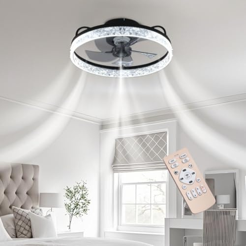 Warmiehomy Ceiling Fans with Lights and Remote,30W,48cm Smart Led Ceiling Fan Light with Crystal Lampshade, 6 Speeds and Fan Reversible,Dimmable Fan Lighting for Bedroom Living Room(Black)
