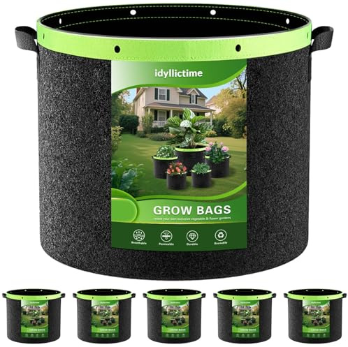 idyllictime Grow Bags 6 Pack 2MM 400G More Heavy Duty Thickened Nonwoven Garden Plant Fabric Pots (Black, 17 Liter/5 Gallon)