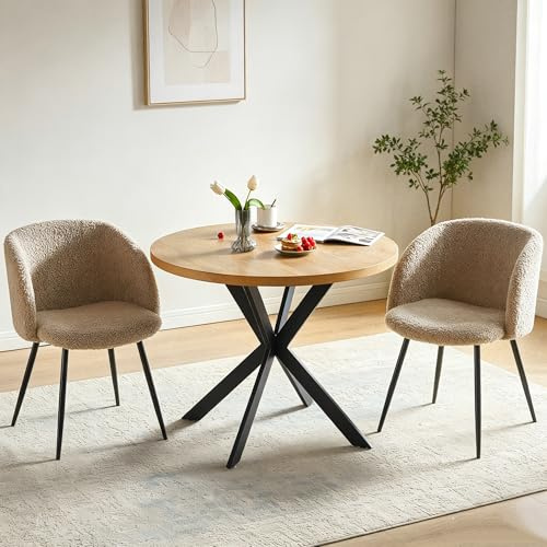 NORDICANA Essgruppe 3-Teilig, 95cm Runder Esstisch und 2 Kunstfell Loungesessel, Essgruppe Mit 2 Stühle, für Küche, Büro, Wohnzimmer, Balkon, Restaurant (Tisch+2 Braun Esszimmerstühle)