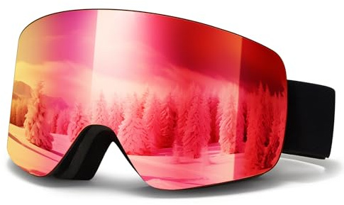 MXJ Gear Gafas de Esquí,YH227 Gafas Esqui Snowboard Nieve para Hombre Mujer OTG,Ajustable Anti Niebla Gafas de Esquiar Protección UV400 (Montura negra - Lentes rojas VLT 16%)
