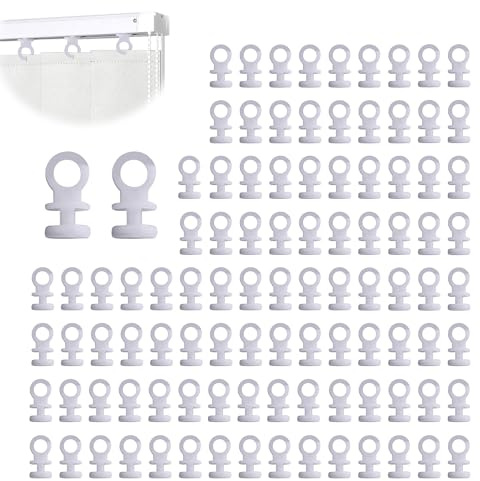 100PCS White Plastic Curtain Hooks, Heavy Duty Curtain Track Gliders Rail Hooks, Curtains Runners and Sliders Accessories for Pencil Pleat, Net, Shower Curtains(Head 9mm)