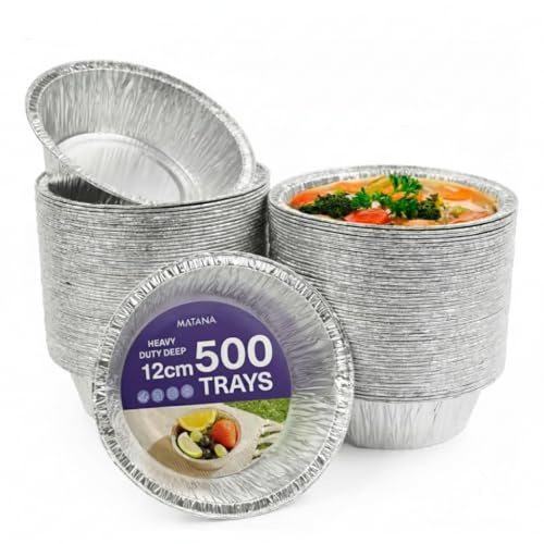 MATANA 500 Aluschalen Rund – 12 cm / 5 Zoll (250 ml), 4,5 cm tief | Schwerlast-Aluminium Alu Backformen/Alubackformen – Für Linzertorte, Quiche, Tarte, Kuchen & Desserts – Ofenfest & Gefriergeeignet