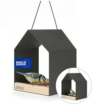 LIVLIG Vogelhaus Metall Anthrazit, Premium Vogelfutterhaus zum Aufhängen | Schönes 2in1 Design als Futterhaus & Vogeltränke, Wetterfester Futterspender für Vögel, ideal für ganzjährige Nutzung