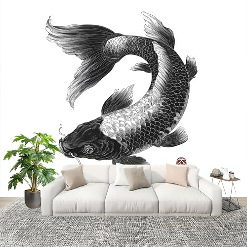 Générique Grande taille Papier Peint de Photo 250x175 cm Carpes Koï De Style Chinois Peler Et Coller Papier Peint Panoramique intissé Murale Noir Et Blanc Pour Salon Chambre Enfant Chambre Décoration