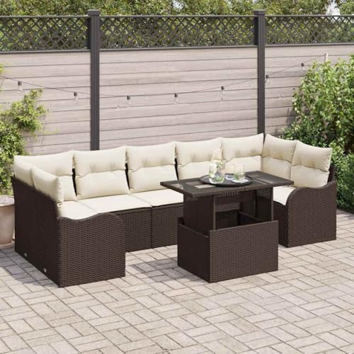 QZZCED Rattan-Sitzgruppe für den Außenbereich mit Tisch aus gehärtetem Glas, modulare Gartenmöbel, wetter- und UV-beständig, bequeme Schaumstoffkissen für die Terrasse