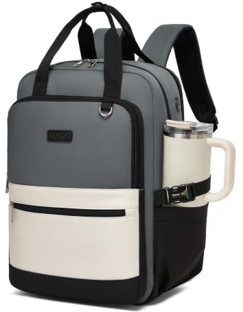 KONO Zaino Donna Porta PC 15,6 Pollici, Impermeabile, Grande Capacità con Tasca Porta Borraccia, Zaino per PC Portatile per Lavoro, Università e Viaggio (Grigio/Beige) | Grande capacità, leggera, scomparto per laptop, tasca antifurto, tasca per bottiglia grande, campus, viaggi