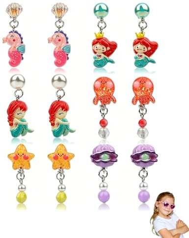 DLPRK 6 Paar Clip-Ohrringe für Mädchen, lange Clip-Ohrringe mit Cartoon-Motiven, schmerzfrei, Geschenkidee für kleine Mädchen, Ohrring-Set