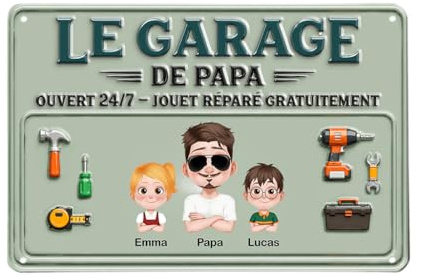 Cadeau Plus Plaque Métal Personnalisée - Le Garage De Papy Et Papa - Plaque Metal, Cadre Papi, Plaque Garage Personnalisée, Cadeau fete des peres cadre, Cadeau Papa Personnalisé (2 Enfants)