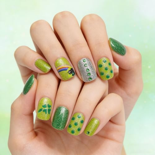 Lot de 24 faux ongles synthétiques courts de forme carrée décorés avec cristaux métalliques et breloques trèfle