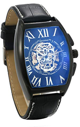 JewelryWe Herrenuhr Analog Automatik Uhr Automatische Mechanische Leder Band Totenkopf Schädel Skelett Armbanduhr Automatikuhr mit Rechteckig Römischen Ziffern Zifferblatt