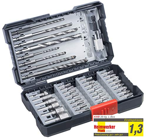 kwb Caja de 39 piezas con vástago hexagonal, broca de metal HSS, 4 brocas para piedra y puntas PH, PZ y TX, incluye avellanador, portapuntas y puntas de llave de vaso
