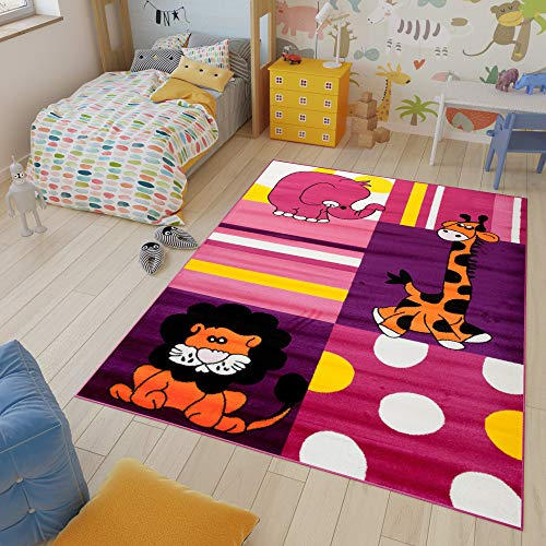 TAPISO Kinder Teppich Kurzflor Kinderteppich Weich Spielteppich Elefant Giraffe Tiger Tiere Muster Lila Rosa Kinderzimmer ÖKOTEX 240 x 330 cm